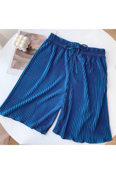 Summer Trendy Simple Plain Comfort Drawstring Waist Pleated Casual Pull On Shorts