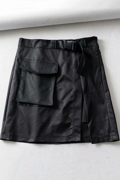 Summer Womens Black Bag Bucket Belt Pocket Front Split Mini High Waist A-Line Skirt
