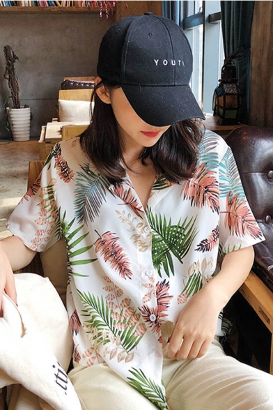Summer Womens Vintage Tropical Leaf Printed Lapel Collar Short Sleeve Button Down Holiday Hawaiian Shirt