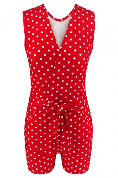 Sunshine Girls Sweet Stylish Plunge V Neck Red Polka Dot Print Sleeveless Tie-Waist Fitted Romper
