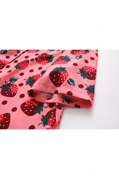 Sweet Girls Pink Strawberry Pattern Lapel Collar Short Sleeve Button ...
