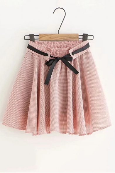 Sweet Womens Check Print Bow-Tie Elastic Waist A-Line Mini Skirt