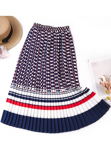 Vintage Striped Printed Elastic Waist Midi A-Line Pleated Skirt