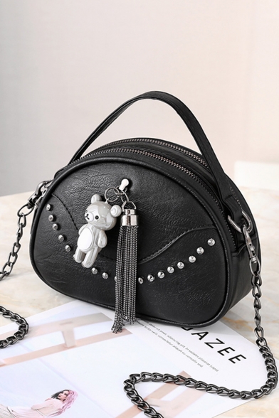 Women's Fashion Plain Bear Pendant Tassel Rivet Embellishment Portable Chain Strap Crossbody Bag 19*7*14 CM