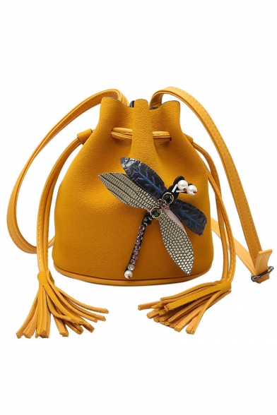 Women's Fashion Rhinestone Beaded Dragonfly Tassel Embellishment Drawstring Bucket Bag