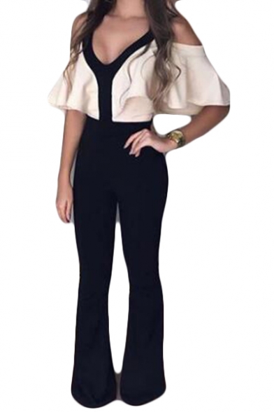 Women's Summer Black and White Patch Sexy V-Neck Cold Shoulder Slim-Leg Fitted Jumpsuits