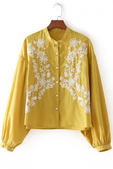 Womens Chic Floral Embroidery Lantern Long Sleeve Button Down Casual Blouse Shirt