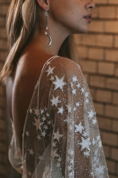 Womens Chic Stylish White Star Print Sheer Mesh Plunge V Neck Maxi Glitter Party Dress