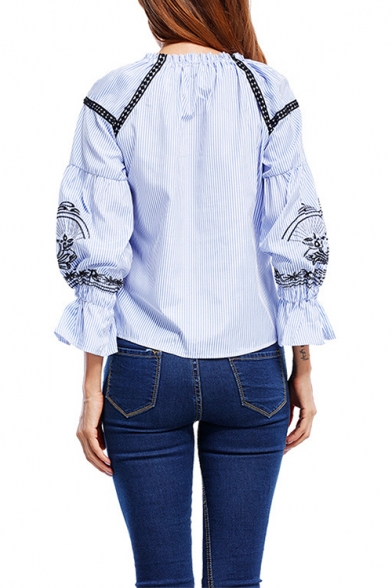 Womens Ethnic Style Embroidery Long Sleeve Blue Striped Blouse