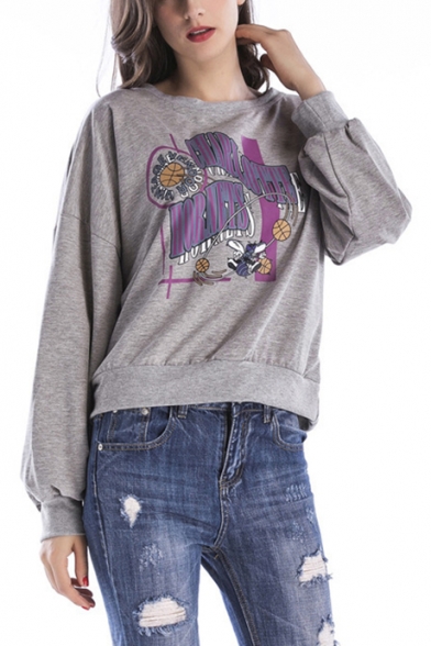 Womens Fashion Letter Printed Round Neck Long Sleeve Grey Pullover Sweatshirt
