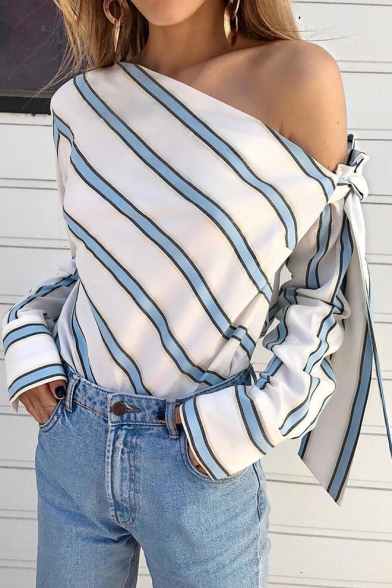Womens Fashion Striped Printed Cold Shoulder Bow-Tied Long Sleeve Casual Blouse