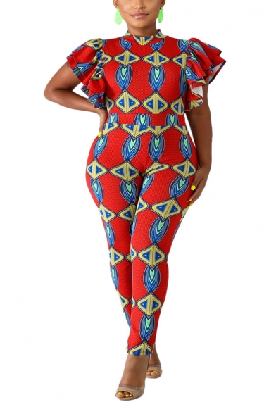 Womens Folk Style Tribal Print Round Neck Ruffle Sleeves Fitted Jumpsuits