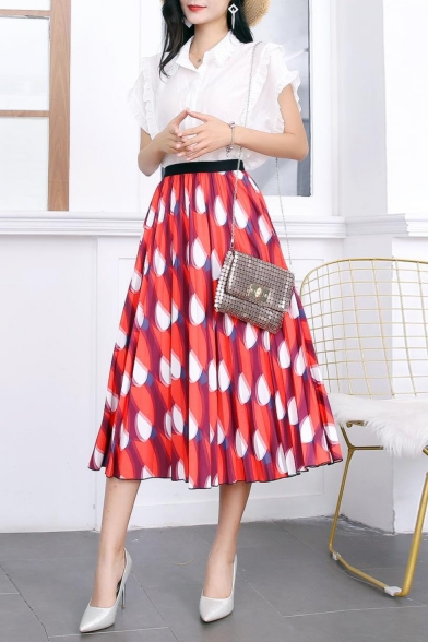 Womens Hot Popular Red Pattern Summer Midi A-Line Flared Pleated Skirt