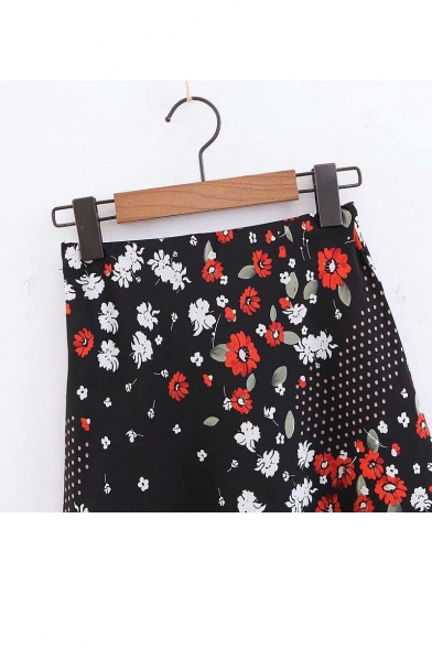 Womens Hot Stylish Black Floral Print Holiday High Waist Mini A-Line Skirt
