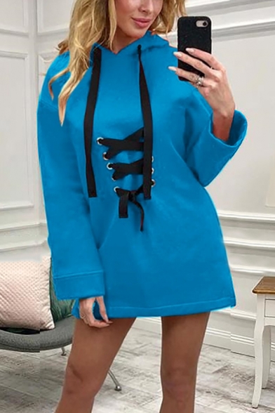 Womens Hot Trendy Simple Solid Color Lace-Up Front Long Sleeve Longline Hoodie