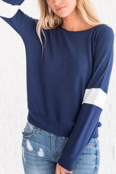 Womens New Stylish Colorblock Long Sleeve Round Neck Plain Navy T-Shirt