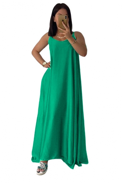 Womens New Stylish Solid Color Sleeveless Spaghetti Strap Floor Length Maxi Silk Beach Slip Dress