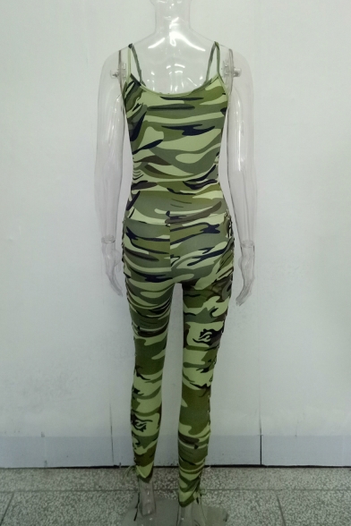 Womens New Trendy Green Strap Sleeveless Lace Up Side Camo Jumpsuits