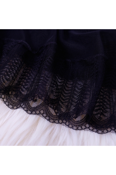 Womens Sexy Black Sheer Eyelash Lace Patched Plunging V-Neck Sleeveless Mini A-Line Dress Sleepwear