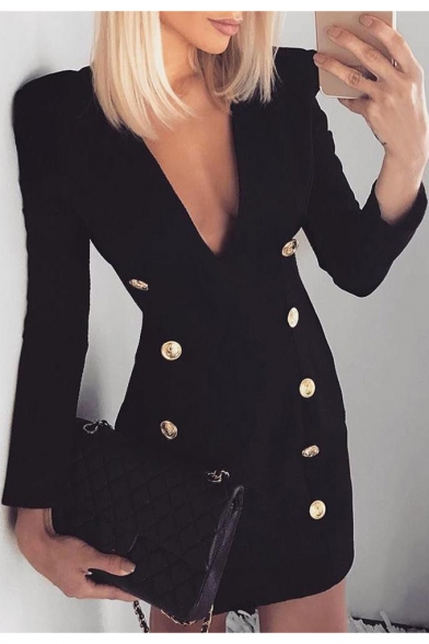 Womens Sexy Plunging V-Neck Long Sleeve Plain Black Double-Breasted Mini Fitted Blazer Dress