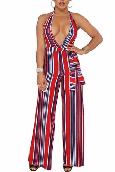 Womens Stylish Halter Plunge V Neck Sleeveless Backless Striped Printed Tie Waist Sexy Jumpsuits
