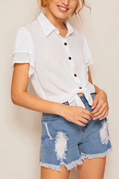 Womens Summer Fashion Plain White Flutter Short Sleeve Button Down Chiffon Shirt