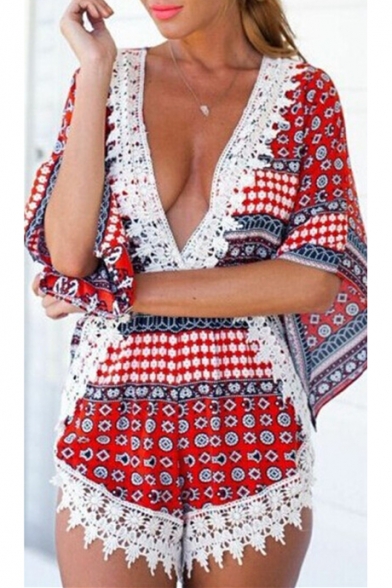 Womens Summer Fashion Plunge V-Neck Lace Trimmed Geometric Print Casual Holiday Romper