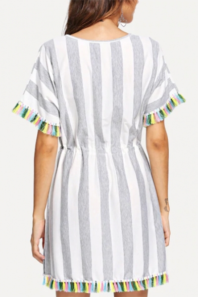 Womens Summer Hot Popular V-Neck Short Sleeve Striped Print Tassel Hem Drawstring Waist Mini A-Line Dress