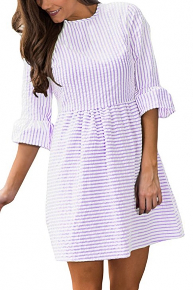 Womens Summer Stylish Vertical Stripe Printed Mini A-Line Smock Dress