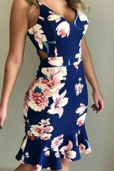 Womens Trendy Fancy Floral Printed V-Neck Cutout Waist Midi Bodycon Ruffled Slip Dress
