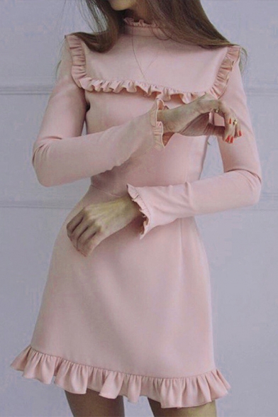 Womens Unique Fashion Simple Plain Chic Ruffled Hem Long Sleeve Mini A-Line Dress
