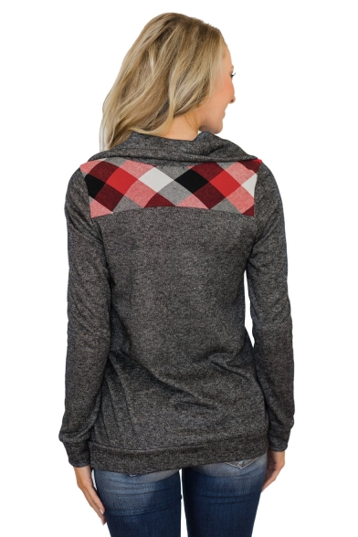 Womens Unique Plaid Patched Button Front Turn-Down Collar Long Sleve Casual Sweatshirt