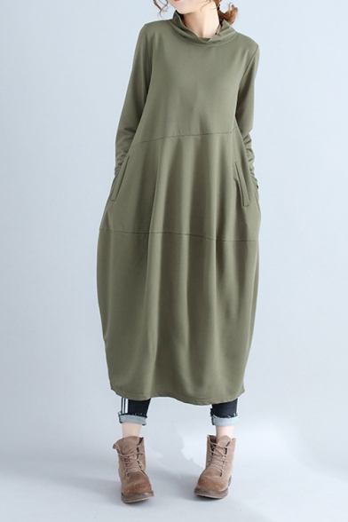 Womens Vintage Simple Plain Cowl Neck Long Sleeve Maxi Linen Lantern Dress