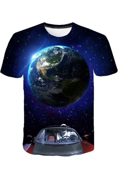 3D Cool Space Rocket Printed Round Neck Short Sleeve T-Shirt
