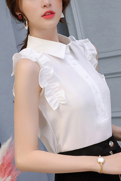 Basic Simple Plain Ruffled Hem Button Front Fitted Chiffon Top