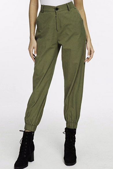 Cool Stylish Plain High Waist Button Zip-Front Ankle Grazer Cargo Pants