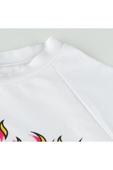 Cool Unique Fire Letter DOUBLE Printed Crewneck Short Sleeve White Cropped T-Shirt