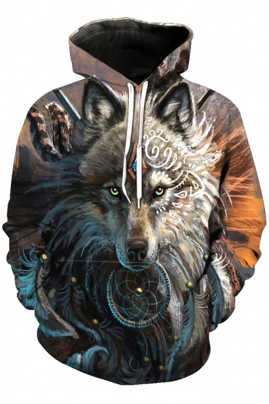 Ethnic Style Cool Tribal Wolf Printed Long Sleeve Casual Sport Pullover Drawstring Hoodie