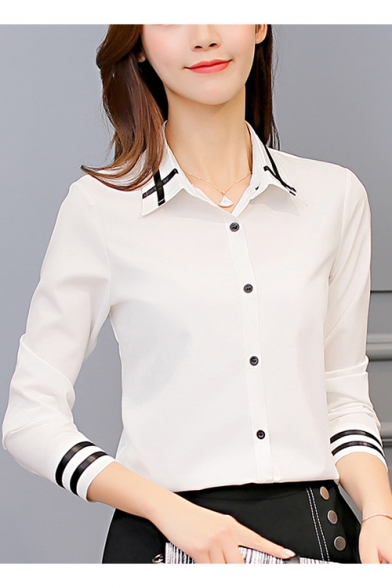 Fashion Contrast Tape Patched Long Sleeve Basic White Office Lady Button Shirt