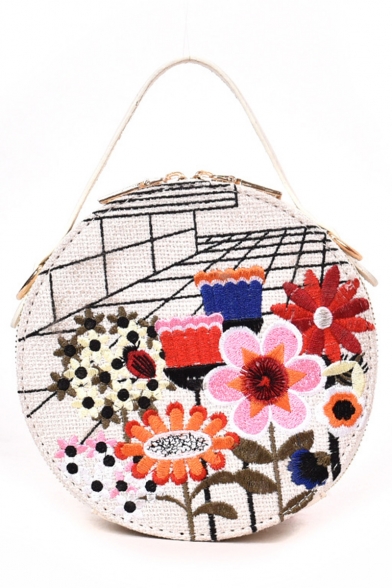 Fashion Floral Embroidery Pattern Top Handle Round Crossbody Bag with Chain Strap for Women 17*17*8 CM