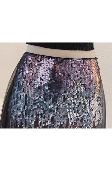 Fashion High Waist Sheer Mesh Sequin Embellished A-Line Midi Skirt