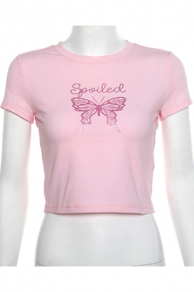 Fashion Letter SPOILED Butterfly Print Round Neck Short Sleeve Pink Slim Crop Tee