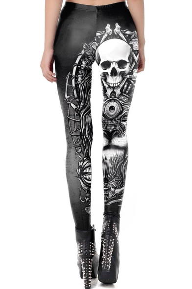 Fashion Womens Black Skull Skeleton Print High Waist Skinny Fitted Fancy Pants Leggings