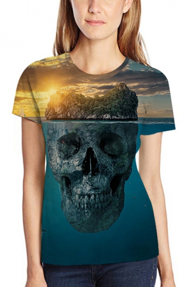Funny 3D Skull Island Print Basic Short Sleeve Blue Unisex T-Shirt