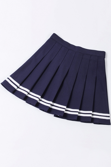 Girls Fashion Preppy Style Simple Striped Hem Mini A-Line Pleated Skirt