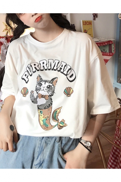 Girls Funny Cute PURRMAID Cat Pattern Round Neck Oversized T-Shirt