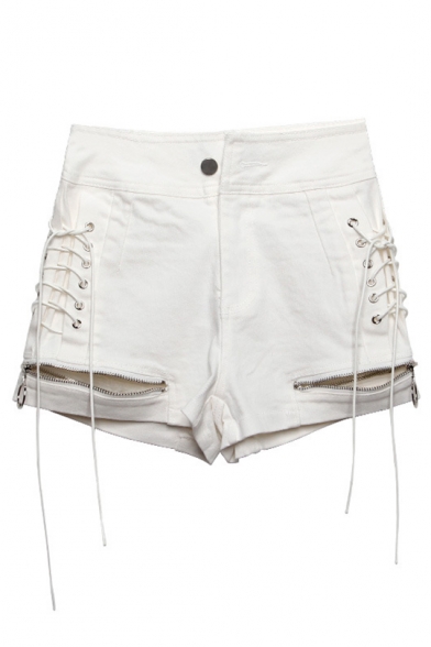 Girls Sexy Multi-Way Zipper Closure Lace-Up Side Slim Fitted Denim Shorts