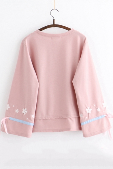 Girls Stylish Floral Embroidery Tied Cuff Long Sleeve Loose Fit Sweatshirt