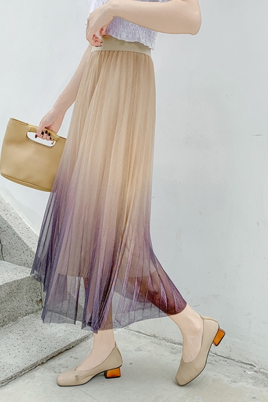 Girls Stylish Ombre Color High Waist Maxi Mesh Pleated Skirt
