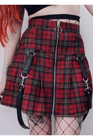 Girls Stylish Street Fashion Zipper-Fly Red Check Printed Ribbon Embellished Mini A-Line Skirt